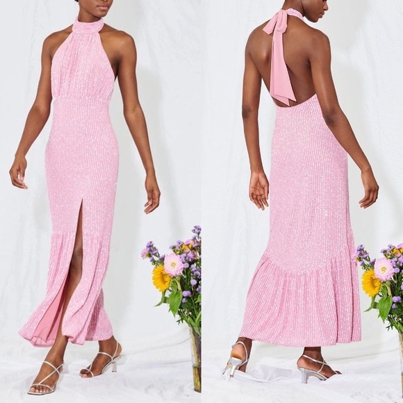 NWOT SAYLOR Audie Sequin Halter Maxi Dress In Pink - Picture 6 of 8